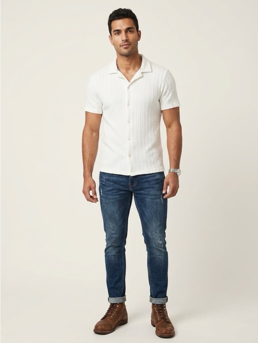 Denim & Flower Ricky Singh Textured Cable Knit Button Up Shirt White Size Medium